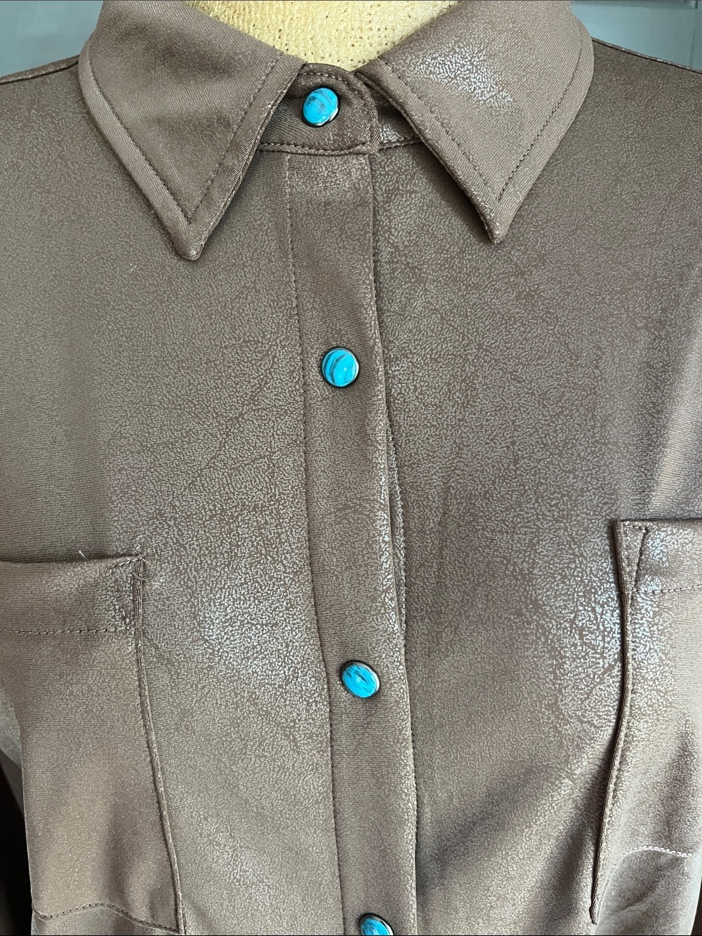 Brown Shimmery Leather Look Pearl Snap Shirt with Turquoise Snaps NWOT - Picture 3 of 9